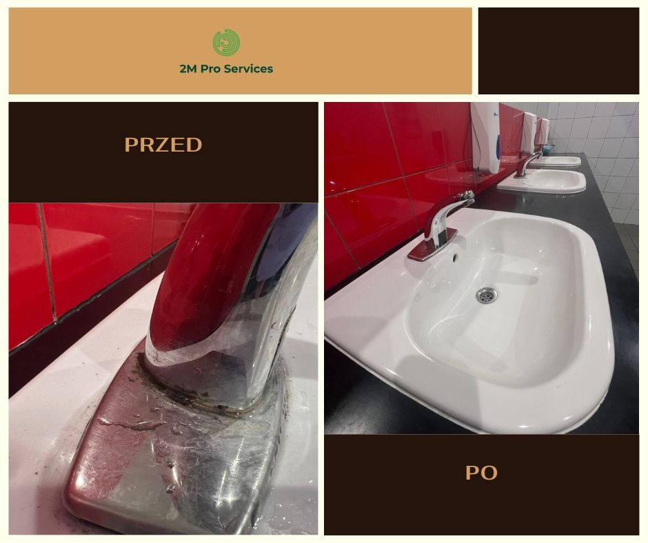 Umywalka w toalecie publicznej przed i po czyszczeniu. Widoczne osady i brud na baterii przed, a czysta umywalka i bateria po. Czerwone płytki w tle.