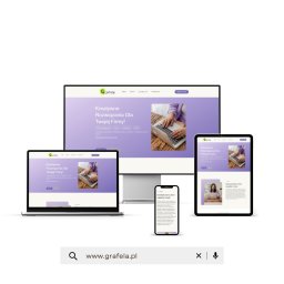 Grafela - Izabela Orepuk - Responsywna strona www 'Grafela' wyświetlona na monitorze, laptopie, tablecie i smartfonie. Fioletowo-biały design z osobą piszącą na laptopie. Domena www.grafela.pl.