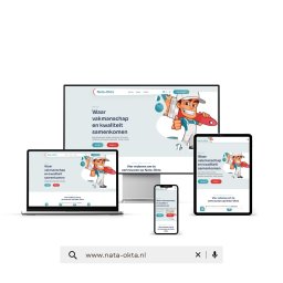 Grafela - Izabela Orepuk - Responsywna strona Nata-Okta na laptopie, smartfonie, tablecie i monitorze. Motyw z malarzem, hasło o jakości. Prezentacja projektu na różnych urządzeniach.