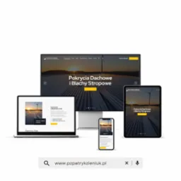 Responsywna strona www 'PZ Patryk Zieniuk' na monitorze, laptopie, tablecie i smartfonie. Prezentacja pokryć dachowych i blach stropowych w nowoczesnym designie.