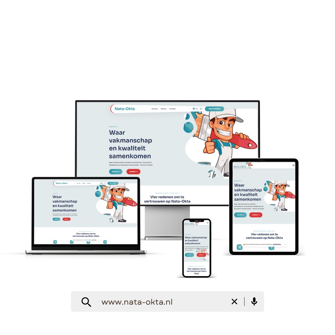 Responsywna strona Nata-Okta na laptopie, smartfonie, tablecie i monitorze. Motyw z malarzem, hasło o jakości. Prezentacja projektu na różnych urządzeniach.