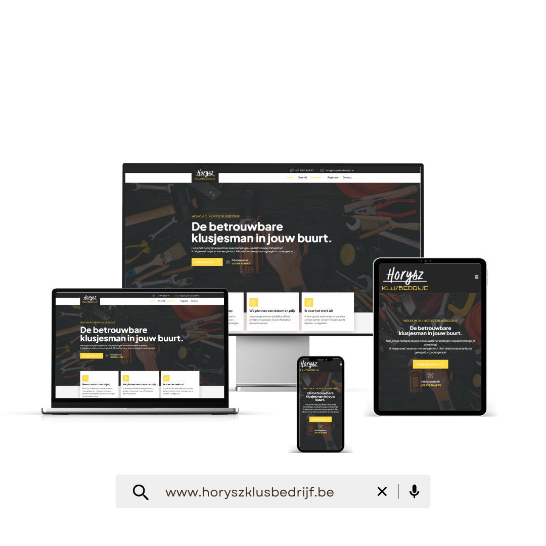 Responsywna strona WWW firmy remontowej na monitorze, laptopie, tablecie i smartfonie. Ciemna kolorystyka, widoczne logo 'Horysz KLU/BEDRIJF'.