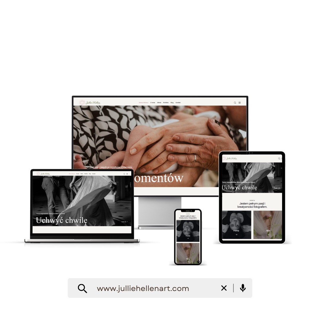 Responsywna strona www na monitorze, laptopie, tablecie i smartfonie. Białe tło, minimalistyczny design, logo w lewym górnym rogu, domena: www.julliehellenart.com.