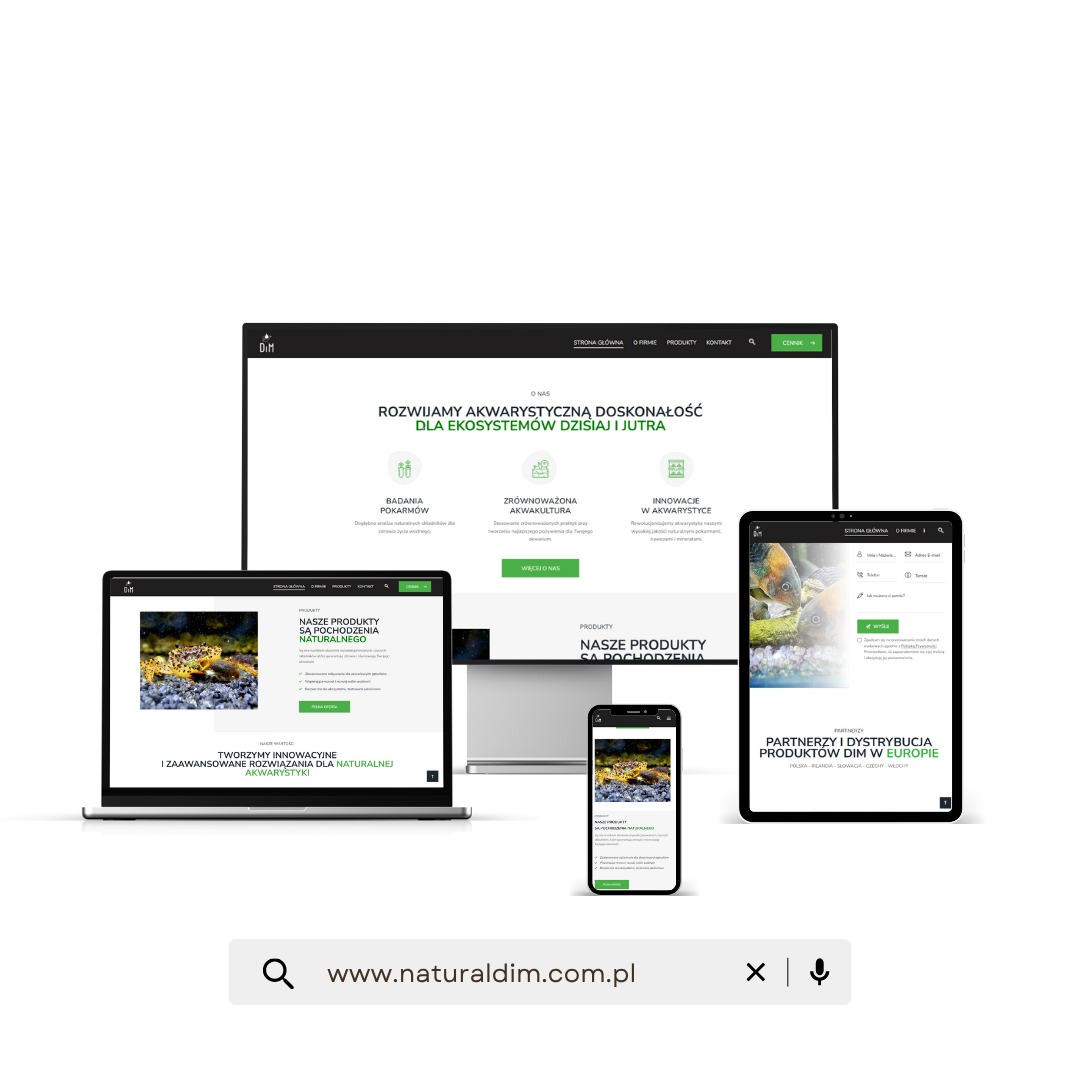 Responsywna strona www naturaldim.com.pl na laptopie, smartfonie, tablecie i monitorze. Układ prezentuje akwarystyczne produkty pochodzenia naturalnego.