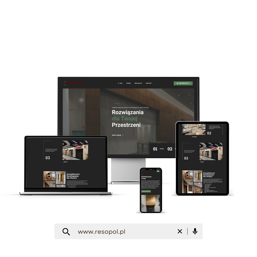 Responsywna strona internetowa resopol.pl prezentowana na monitorze, laptopie, tablecie i smartfonie. Układ strony zawiera menu, realizacje i ofertę. Minimalistyczny design.