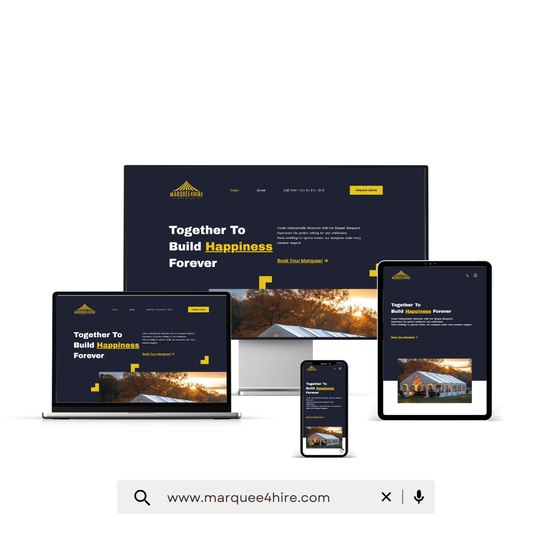 Responsywna strona WWW na laptopie, monitorze, tablecie i telefonie. Ciemne tło, żółte akcenty. Widok ekranu z hasłem: Together To Build Happiness Forever.
