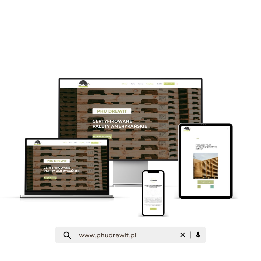 Responsywna strona www PHU Drewit na monitorze, laptopie, tablecie i smartfonie, prezentująca ofertę certyfikowanych palet amerykańskich. Minimalistyczny design, jasne tło.