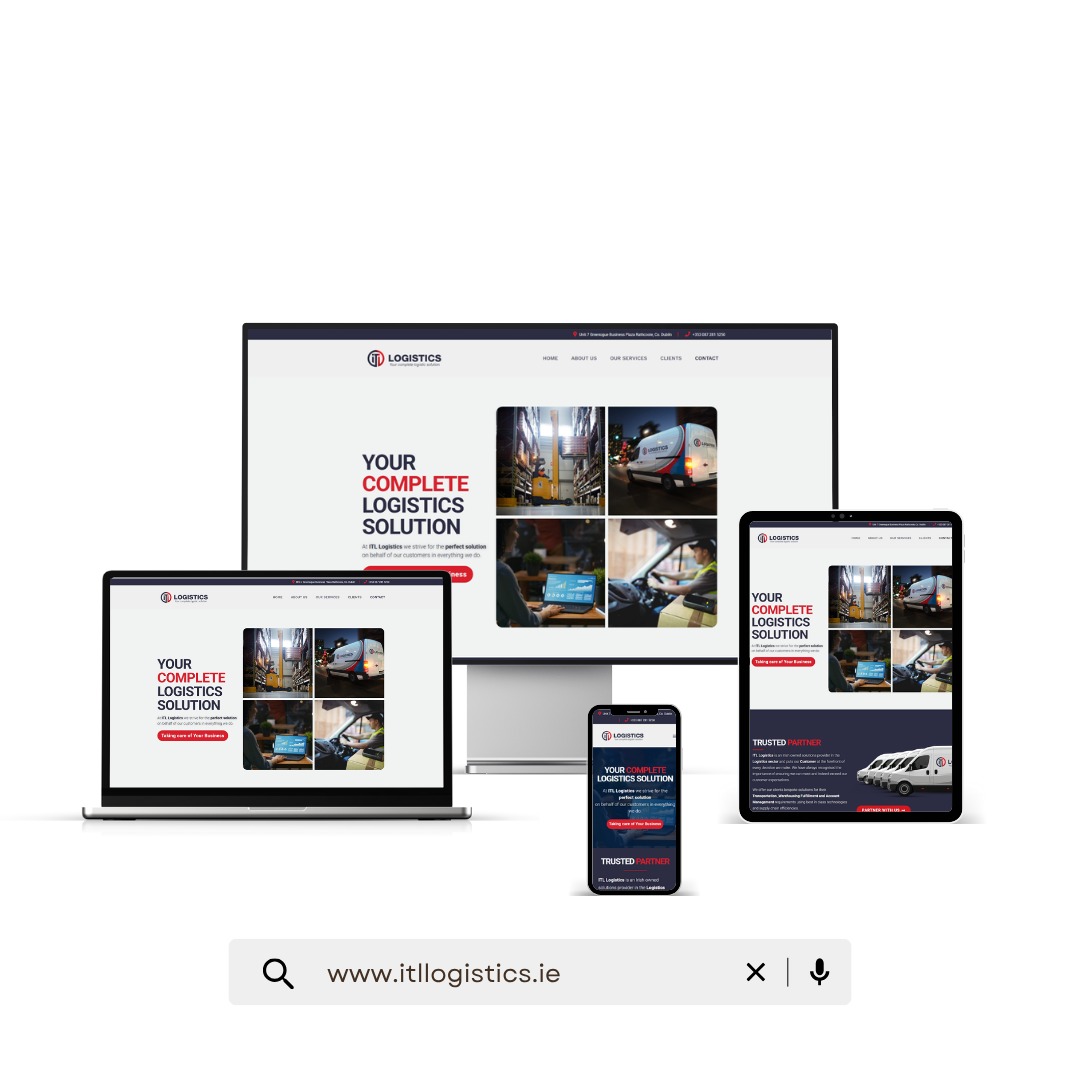 Prezentacja responsywnej strony ITL Logistics na monitorze, laptopie, tablecie i smartfonie. Układ strony zawiera zdjęcia floty i magazynu firmy logistycznej.