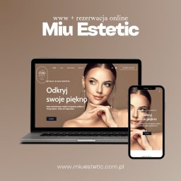 _bootelka Studio Graficzne - Prezentacja responsywnej strony www Miu Estetic na laptopie i smartfonie. Układ strony z wizerunkiem kobiety i hasłem 'Odkryj swoje piękno'.