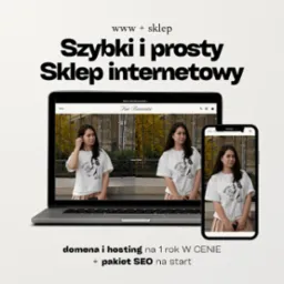 Laptop i smartfon prezentują responsywny wygląd sklepu internetowego 'True Romantic' z ofertą domeny, hostingu i pakietu SEO. Minimalistyczny design.