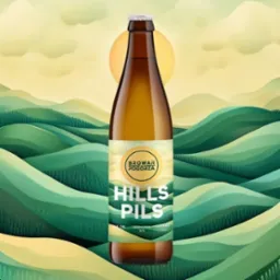 Butelka piwa Hills Pils Browar Pogórza na tle wzgórz i słońca. Grafika w zielono-żółtej tonacji, etykieta z nazwą i logo browaru, stylizowany krajobraz w tle.