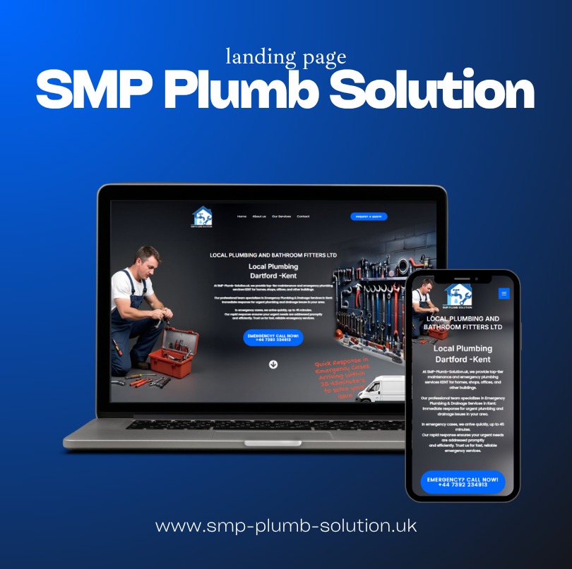 Laptop i smartfon prezentują landing page firmy hydraulicznej SMP Plumb Solution. Widok na stronę z hydraulikiem przy pracy i ofertą usług.
