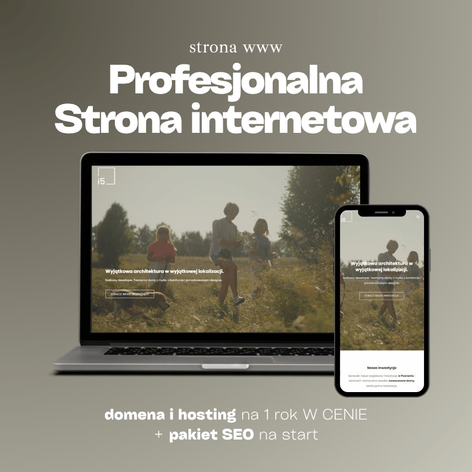 Responsywna strona WWW na laptopie i smartfonie. Projekt strony prezentuje architekturę w wyjątkowej lokalizacji. Domena, hosting i pakiet SEO w cenie.