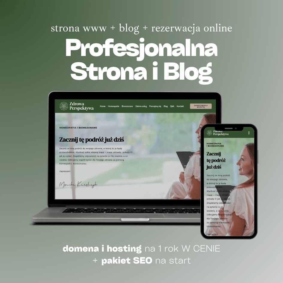 Responsywna strona WWW dla 'Zdrowa Perspektywa' na laptopie i smartfonie. Układ strony spójny na obu urządzeniach, z zieloną kolorystyką i tekstem o zdrowiu.