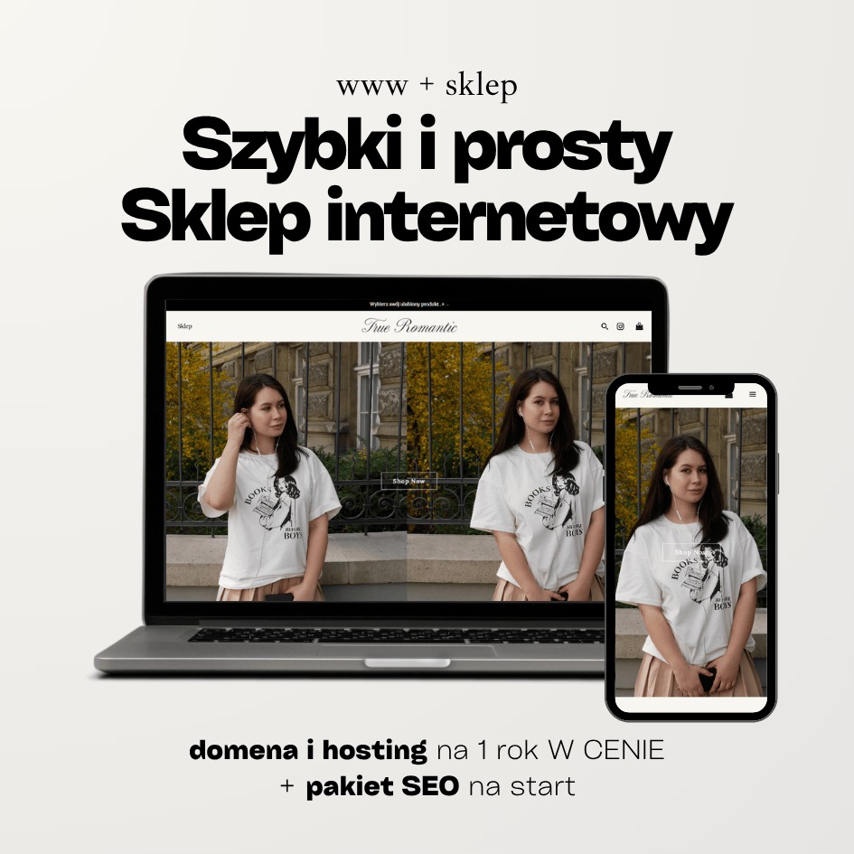 Laptop i smartfon prezentują responsywny wygląd sklepu internetowego 'True Romantic' z ofertą domeny, hostingu i pakietu SEO. Minimalistyczny design.
