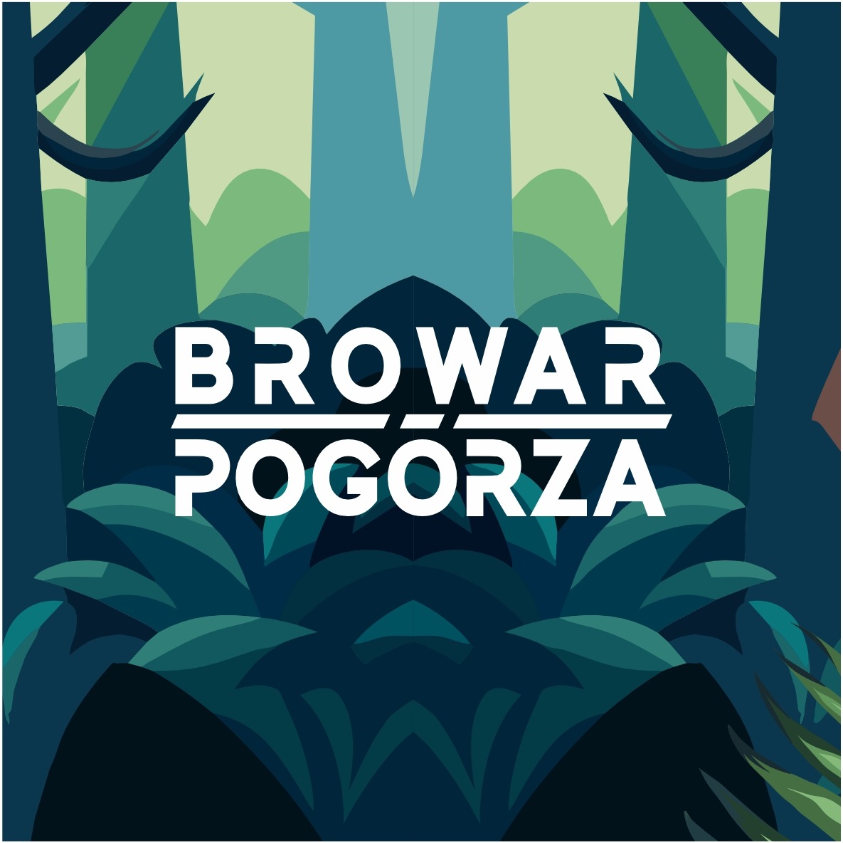 Grafika z nazwą 'Browar Pogórza' w białym kolorze na tle stylizowanego, ciemnozielonego lasu tropikalnego. Minimalistyczny, wektorowy design.