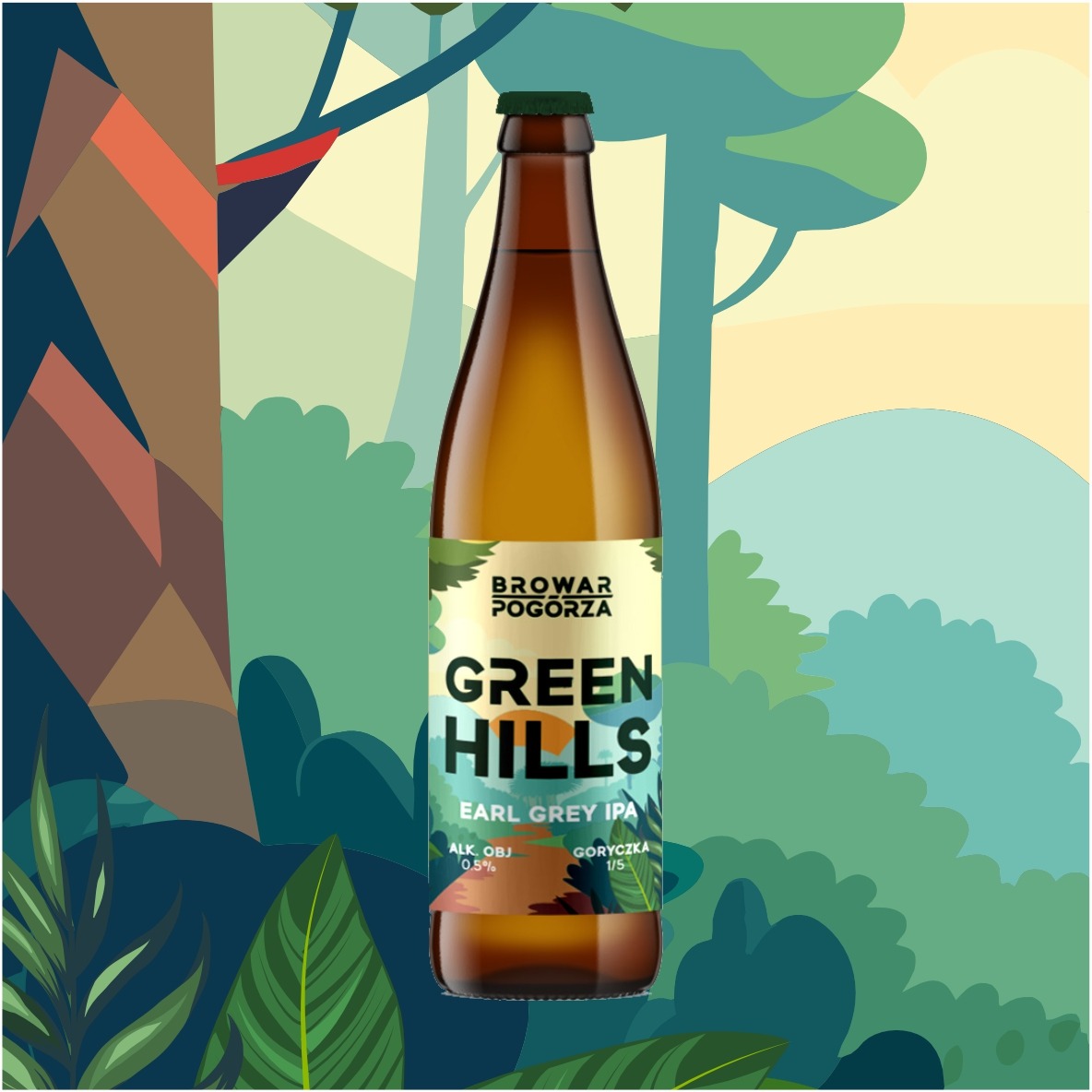 Butelka piwa Browar Pogórza Green Hills Earl Grey IPA na tle stylizowanej grafiki lasu. Etykieta w odcieniach zieleni i brązu. Minimalistyczny design.