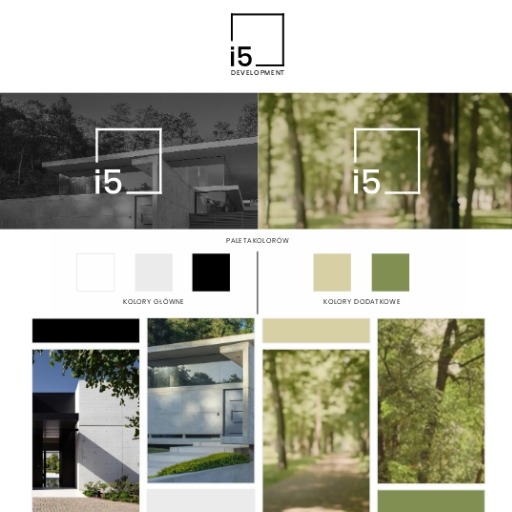 Prezentacja identyfikacji wizualnej firmy i5 Development z paletą kolorów i zdjęciami budynków oraz otoczenia w minimalistycznym stylu.