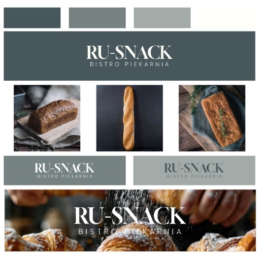 Kompozycja graficzna z logo 'RU-SNACK Bistro Piekarnia', zdjęciami pieczywa (chleb, bagietka, ciasto) i paletą kolorów. Prezentacja wizualna marki.