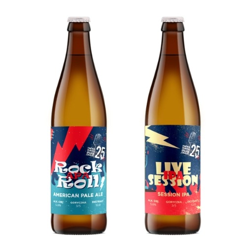 Dwie butelki piwa rzemieślniczego z unikalnymi etykietami: 'Rock & Roll American Pale Ale' i 'Live Session IPA', na białym tle. Etykiety w stylu retro.