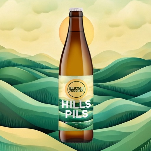Butelka piwa Hills Pils Browar Pogórza na tle wzgórz i słońca. Grafika w zielono-żółtej tonacji, etykieta z nazwą i logo browaru, stylizowany krajobraz w tle.