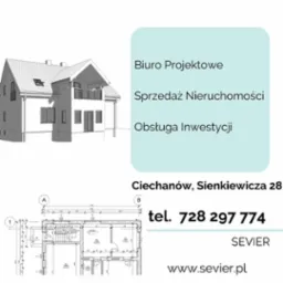 Wizualizacja domu z planem architektonicznym, oferta biura projektowego, sprzedaży nieruchomości i obsługi inwestycji. Ciechanów, Sienkiewicza 28.