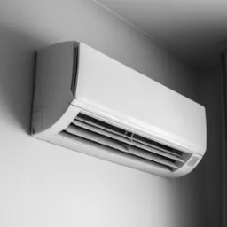 Biała klimatyzacja ścienna, widok z dołu, na teksturowanej ścianie, z zasłoniętym oknem w tle. Monochromatyczne ujęcie, delikatne cieniowanie.