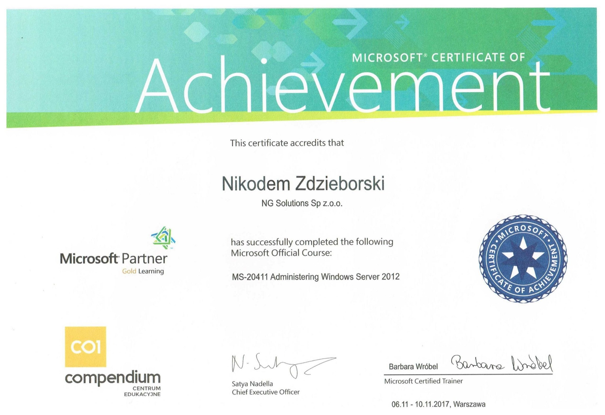Certyfikat Microsoft dla Nikodema Zdzieborskiego z NG Solutions za ukończenie kursu MS-20411 Administering Windows Server 2012, z logo Microsoft Partner Gold Learning.