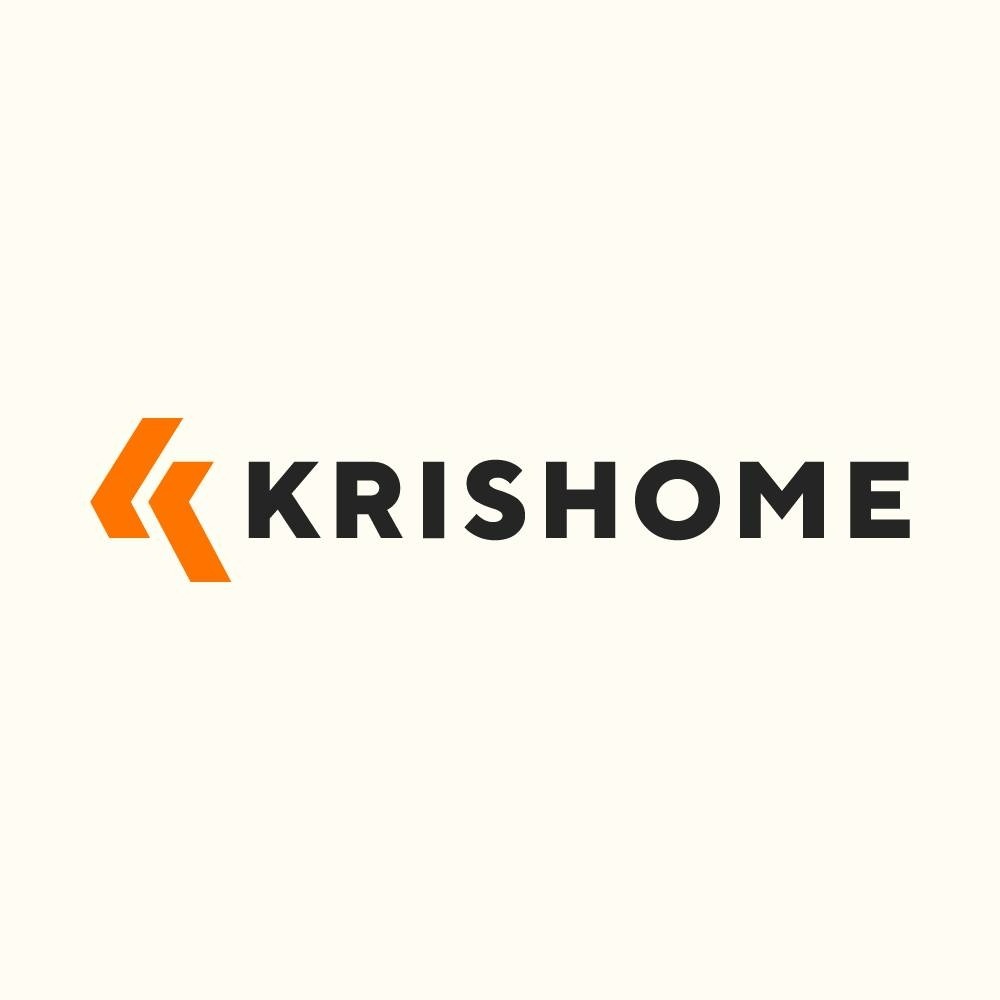 Logo firmy KRISHOME: czarny napis i pomarańczowy symbol graficzny przypominający strzałki w lewo, na kremowym tle. Minimalistyczny design.