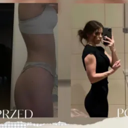 Zdjęcie 'przed i po' prezentujące metamorfozę sylwetki kobiety, ukazujące zmiany w budowie ciała, z uwzględnieniem różnic w muskulaturze i ogólnym wyglądzie.