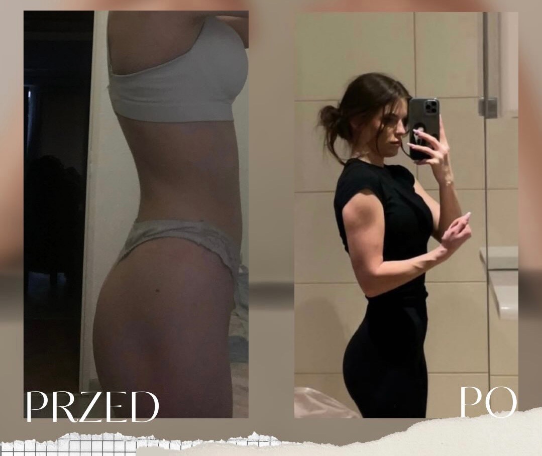 Zdjęcie 'przed i po' prezentujące metamorfozę sylwetki kobiety, ukazujące zmiany w budowie ciała, z uwzględnieniem różnic w muskulaturze i ogólnym wyglądzie.