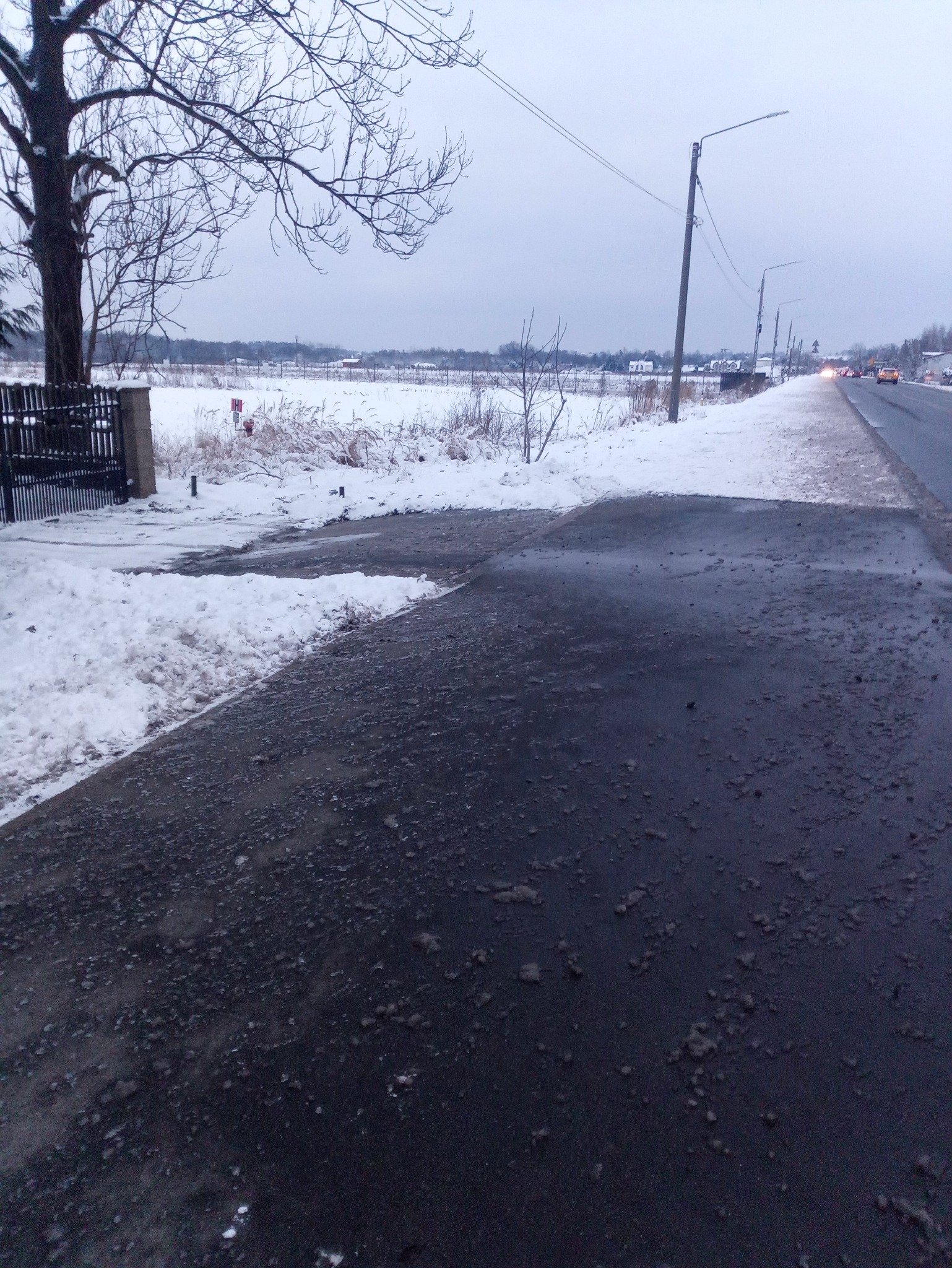 Zimowy krajobraz z zaśnieżonym polem, drogą i chodnikiem pokrytym błotem pośniegowym. Widoczne drzewa bez liści i słupy oświetleniowe w tle.
