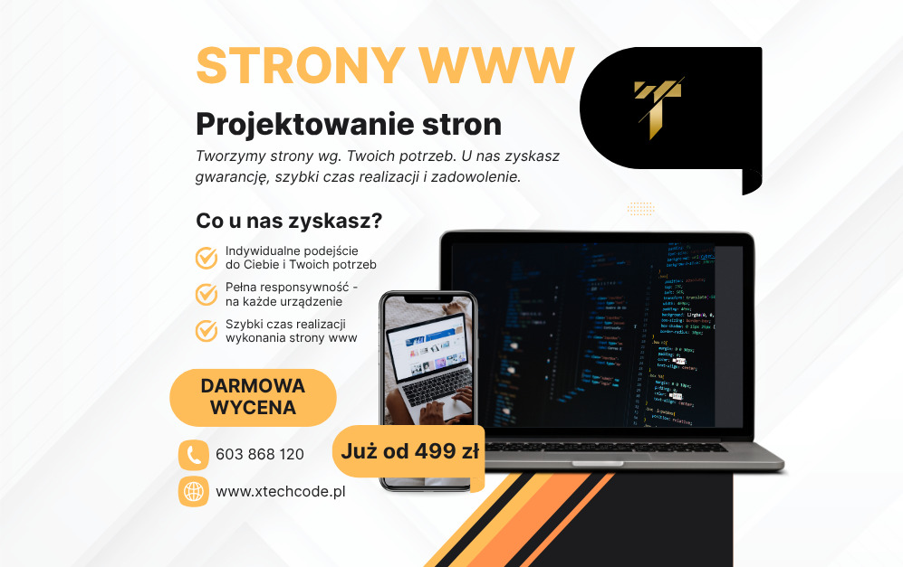 Oferta projektowania stron WWW: laptop z kodem i smartfon z responsywną stroną. Darmowa wycena, indywidualne podejście i szybka realizacja. Już od 499 zł.