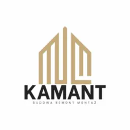 Eleganckie logo firmy KAMANT z motywem domu w odcieniach beżu i czerni, z hasłem 'Budowa Remont Montaż' pod nazwą.