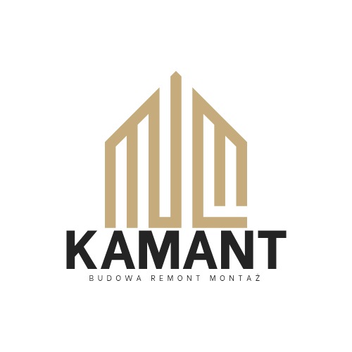 Eleganckie logo firmy KAMANT z motywem domu w odcieniach beżu i czerni, z hasłem 'Budowa Remont Montaż' pod nazwą.