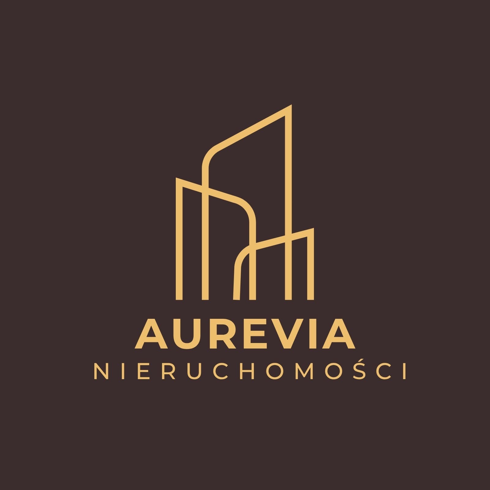 Minimalistyczne logo firmy Aurevia Nieruchomości. Złote, geometryczne budynki na brązowym tle, podkreślające nowoczesny charakter.
