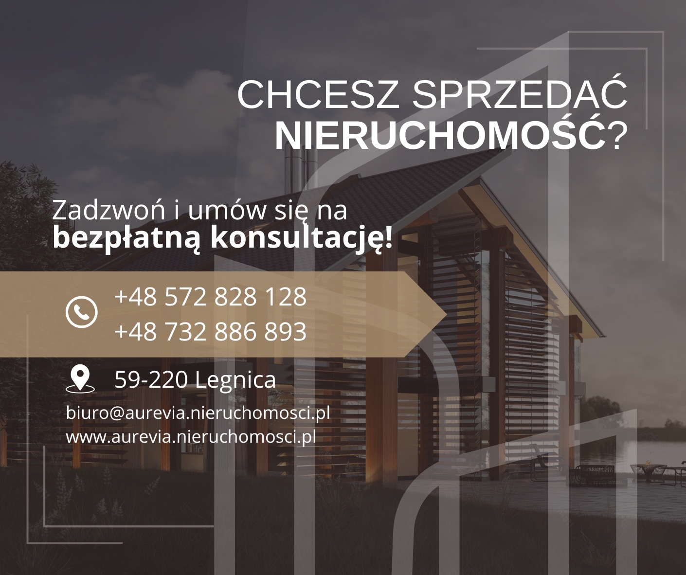 Ogłoszenie: sprzedaż nieruchomości. Nowoczesny dom z drewna, kontakt telefoniczny i adres e-mail w Legnicy. Bezpłatna konsultacja.