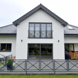 Nowoczesny dom jednorodzinny z czarną stolarką okienną i balkonem zabezpieczonym balustradą, widok z ogrodu. Na pierwszym planie metalowe ogrodzenie.