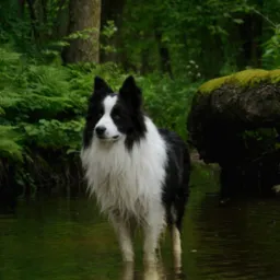 Border Collie stoi w płytkiej wodzie, otoczony zielenią lasu. Woda odbija drzewa i niebo, tworząc spokojną i naturalną scenerię. Pies patrzy w lewo.