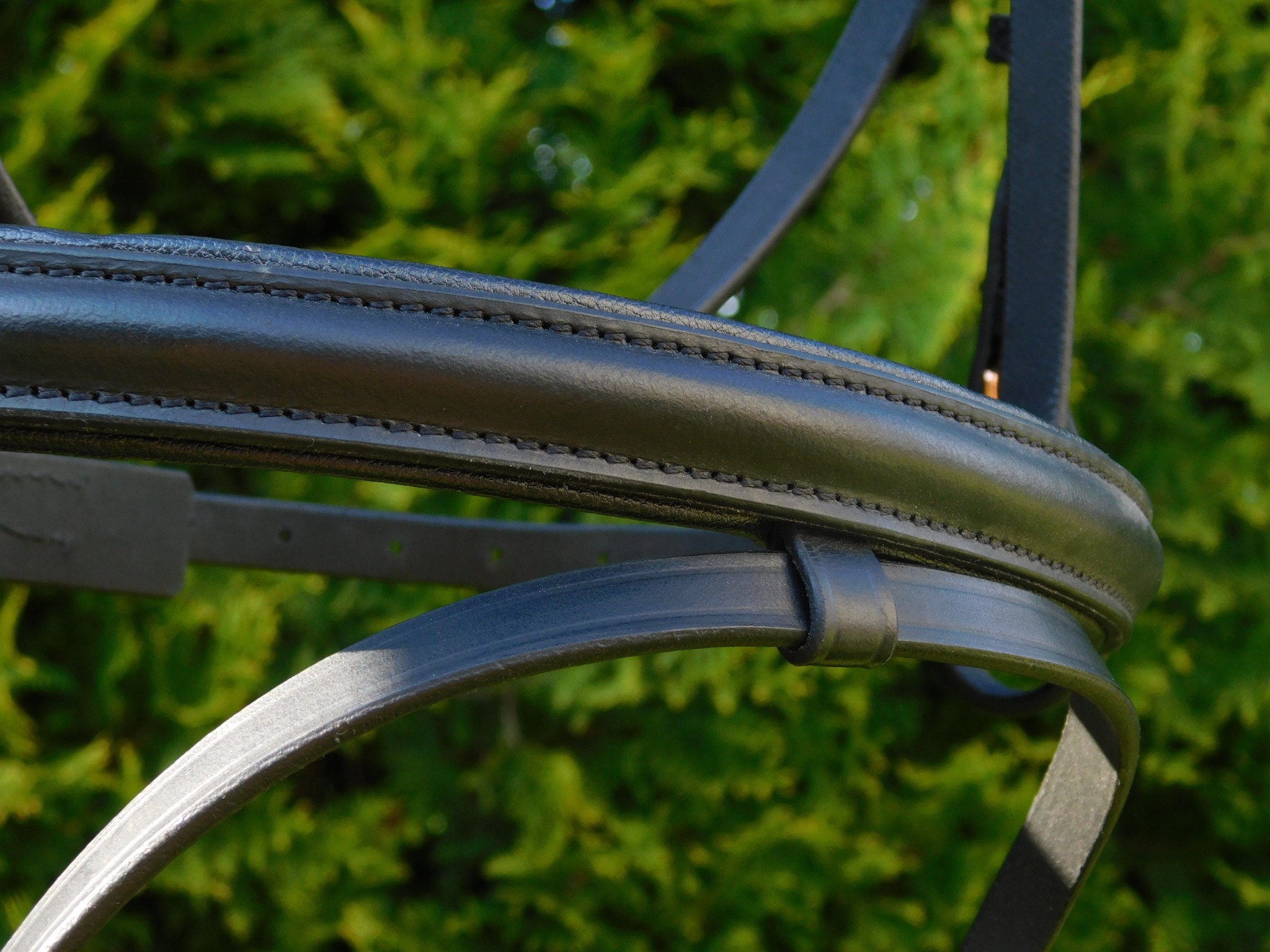 Detal czarnego, skórzanego ogłowia końskiego z precyzyjnymi przeszyciami na tle zieleni. Skupienie na jakości wykonania i materiałach.