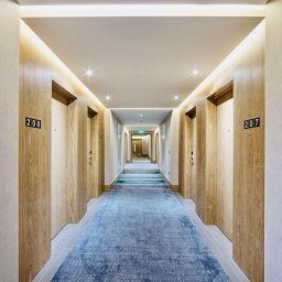 ZALENA GROUP SPÓŁKA Z OGRANICZONĄ ODPOWIEDZIALNOŚCIĄ - Długi korytarz hotelowy z niebieską wykładziną dywanową. Drzwi pokojowe z numerami 207 i 208 po bokach. Oświetlenie sufitowe nadaje ciepły blask.
