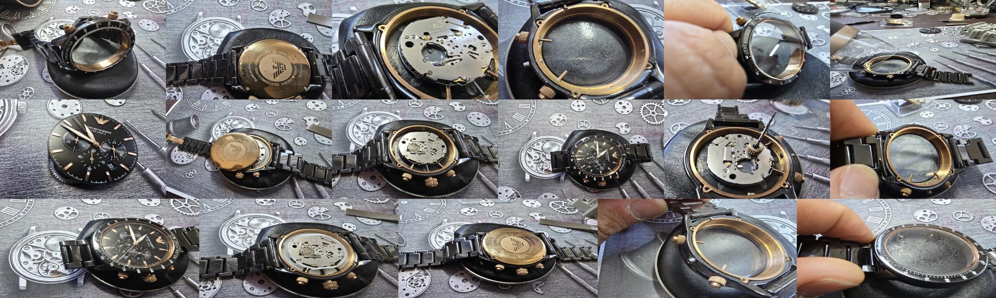 Montaż zegarka naręcznego marki Emporio Armani, widoczne rozłożone elementy mechanizmu i narzędzia zegarmistrzowskie na tle z motywem zegarów.