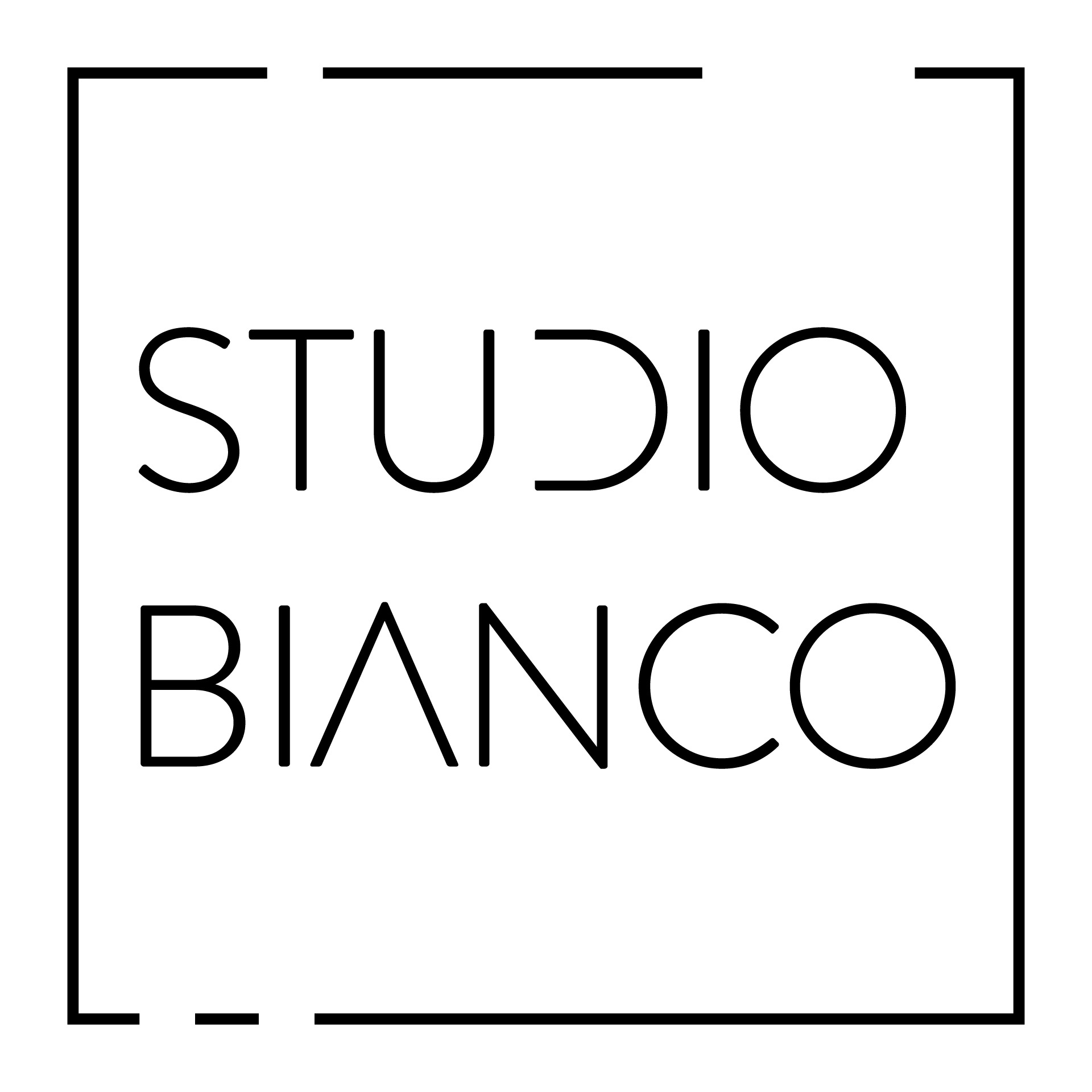 Minimalistyczne logo 'Studio Bianco' w czarnej ramce na białym tle. Nazwa studia w dwóch wierszach, prosta typografia, geometryczny design.