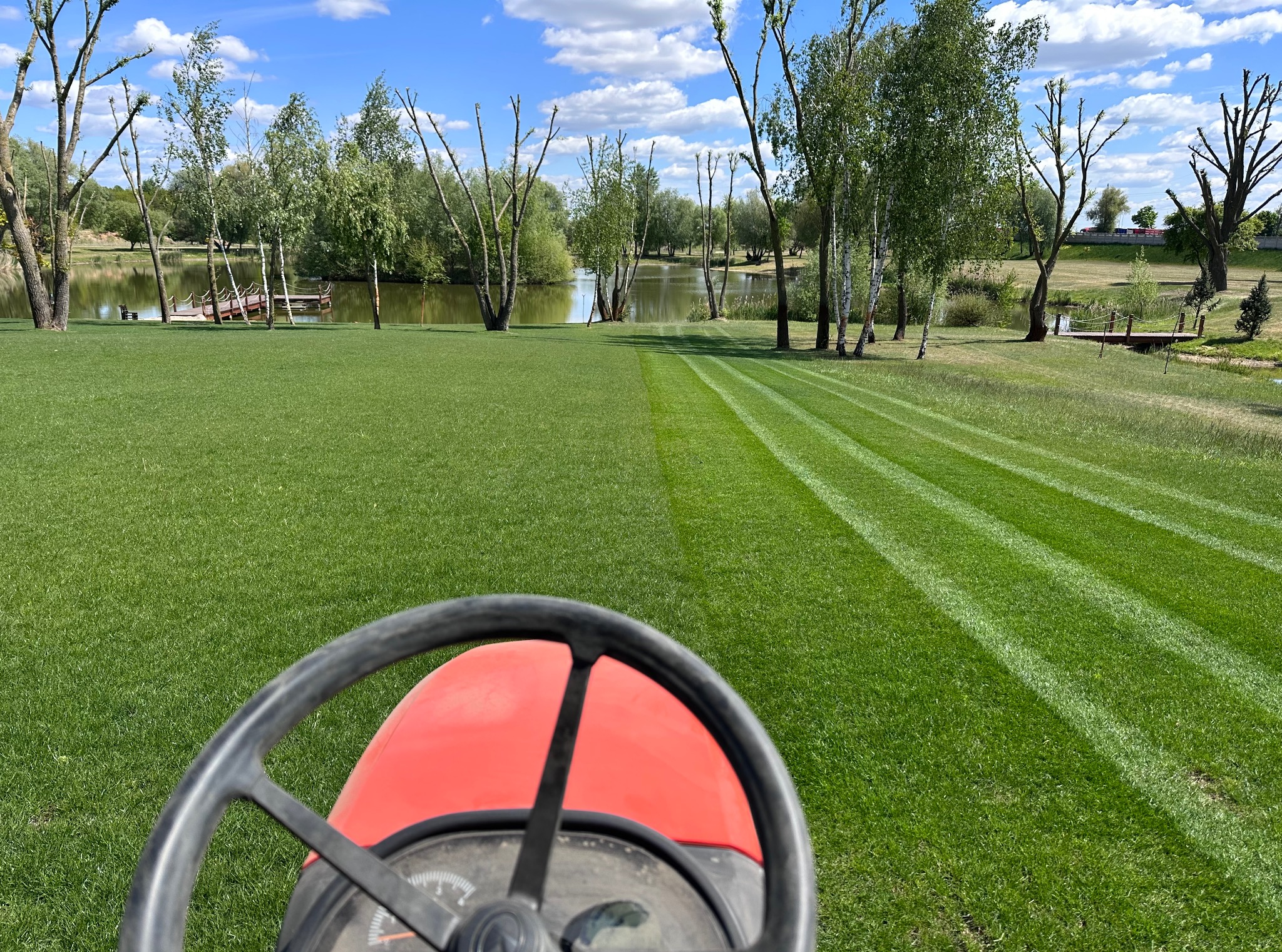 Widok z traktorka na świeżo skoszoną, zieloną trawę z widocznymi pasami, w tle jezioro i drzewa. Letni krajobraz.