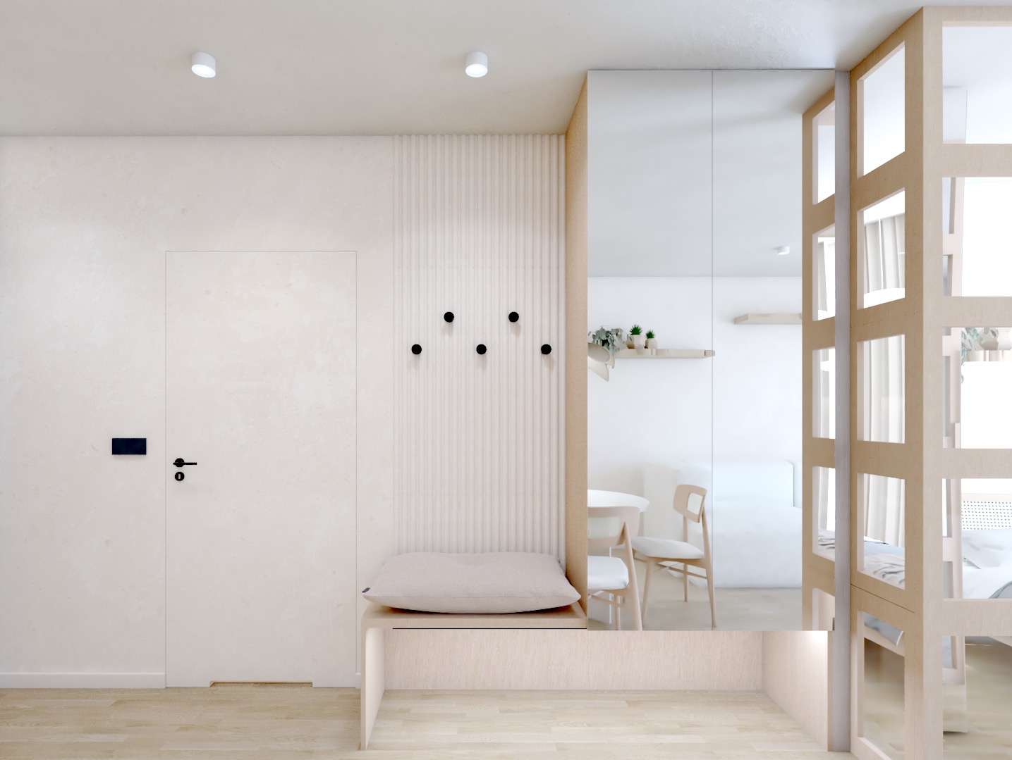 Jasne wnętrze z lustrem i drewnianą konstrukcją. Minimalistyczna ławka z poduszką, w tle widoczny stół i krzesła. Nowoczesny design, neutralna kolorystyka.