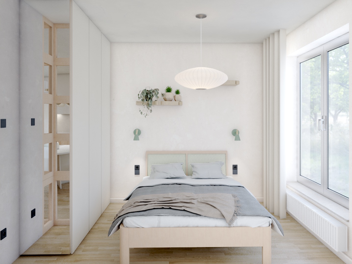 Jasna sypialnia w minimalistycznym stylu: drewniane łóżko z szarą pościelą, białe ściany z półką i lampami, duże okno z widokiem na zieleń, garderoba z lustrzanymi drzwiami.