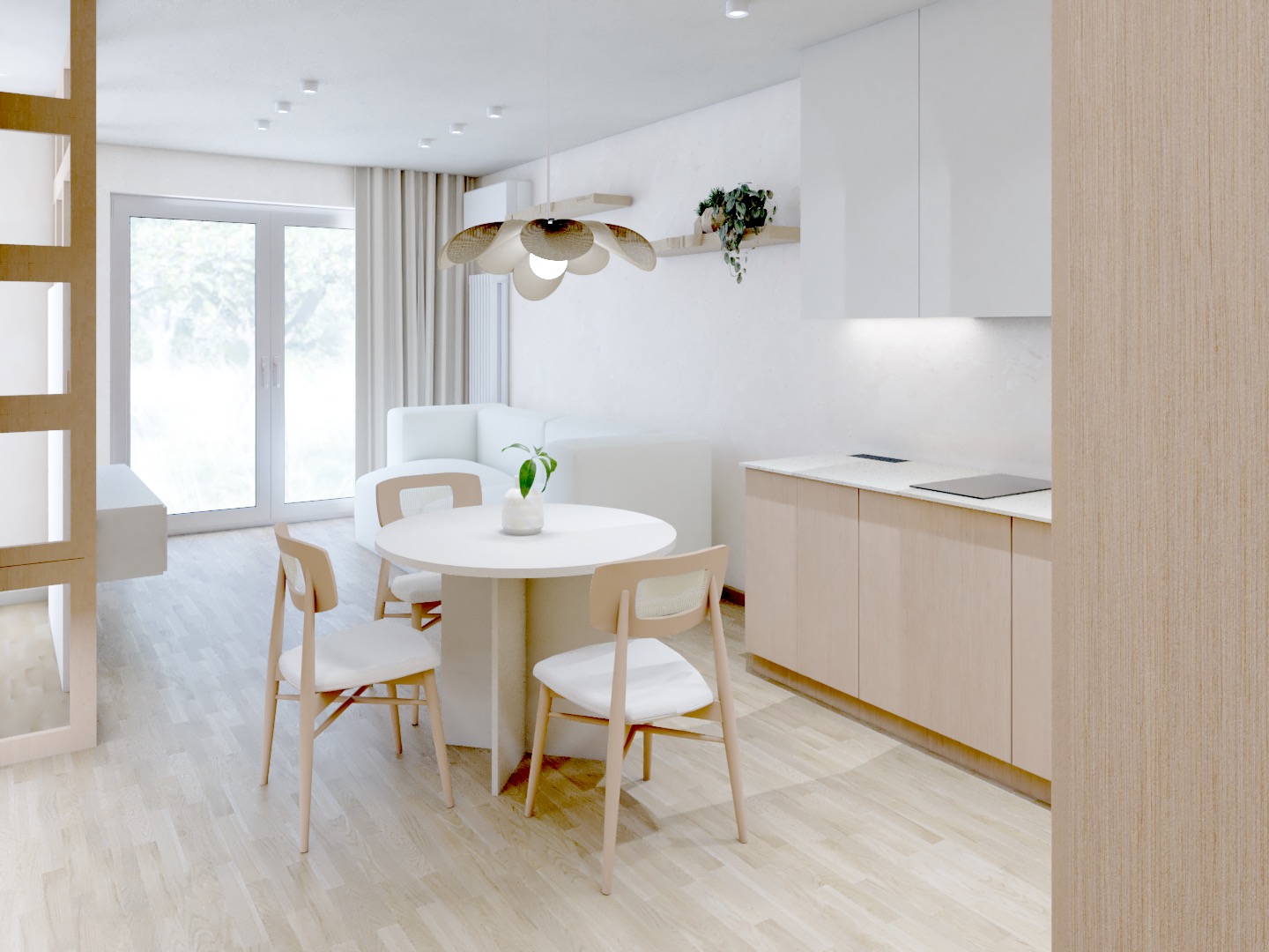 Jasne wnętrze: stół z krzesłami, minimalistyczna kuchnia i sofa w tle. Subtelne oświetlenie i naturalne materiały tworzą przytulną, nowoczesną przestrzeń.