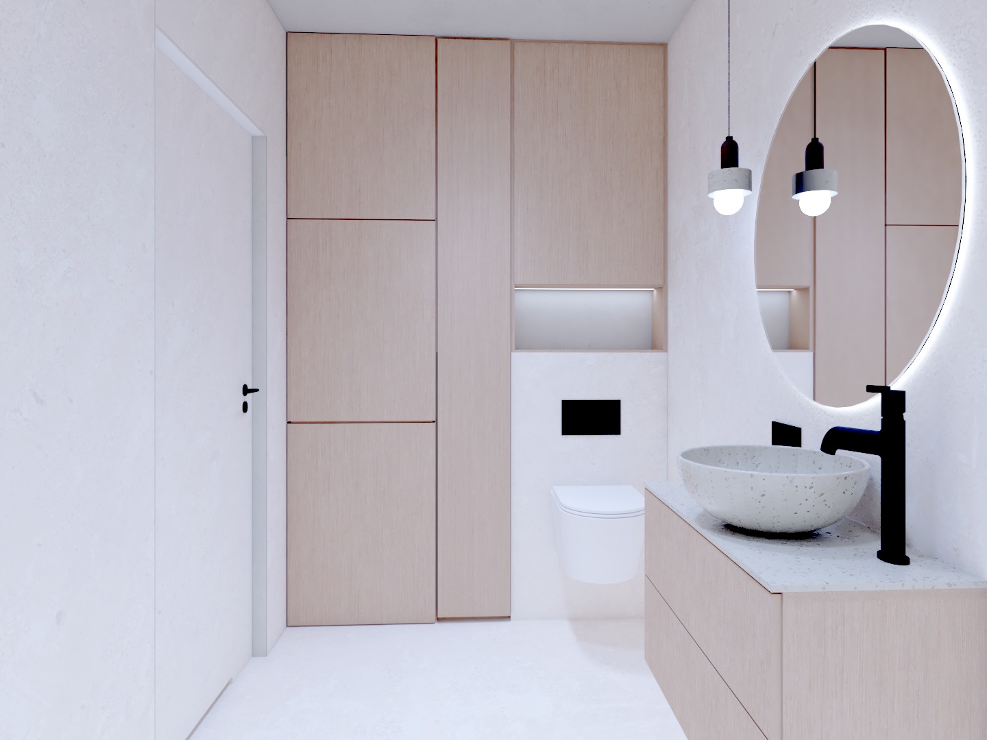 Minimalistyczna łazienka: umywalka z czarną armaturą, okrągłe lustro z podświetleniem LED, szafki z jasnego drewna i wisząca toaleta. Nowoczesny design.