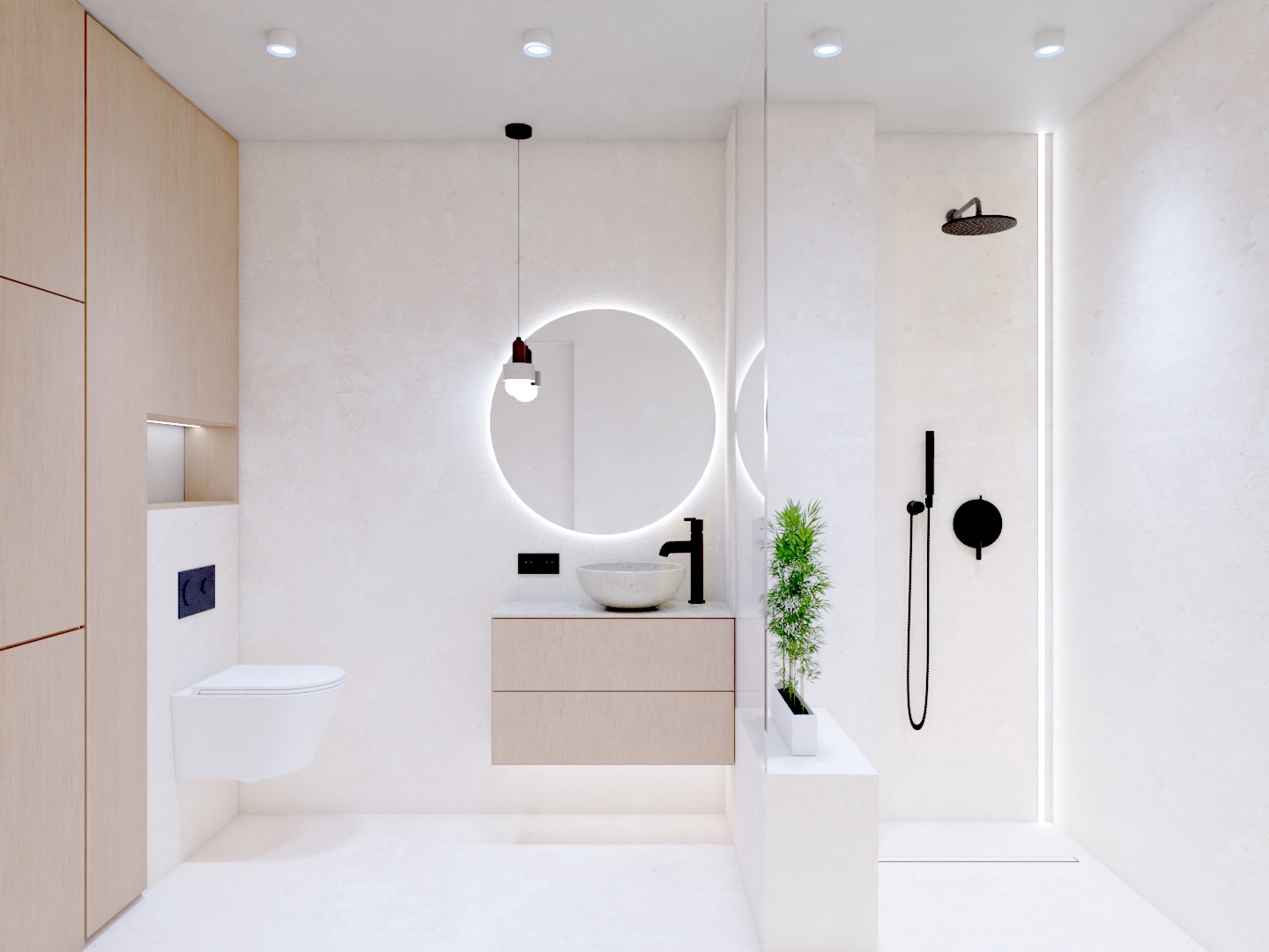Minimalistyczna łazienka w bieli i beżu: okrągłe lustro z podświetleniem, wisząca toaleta, kabina prysznicowa z czarną armaturą, akcent roślinny.