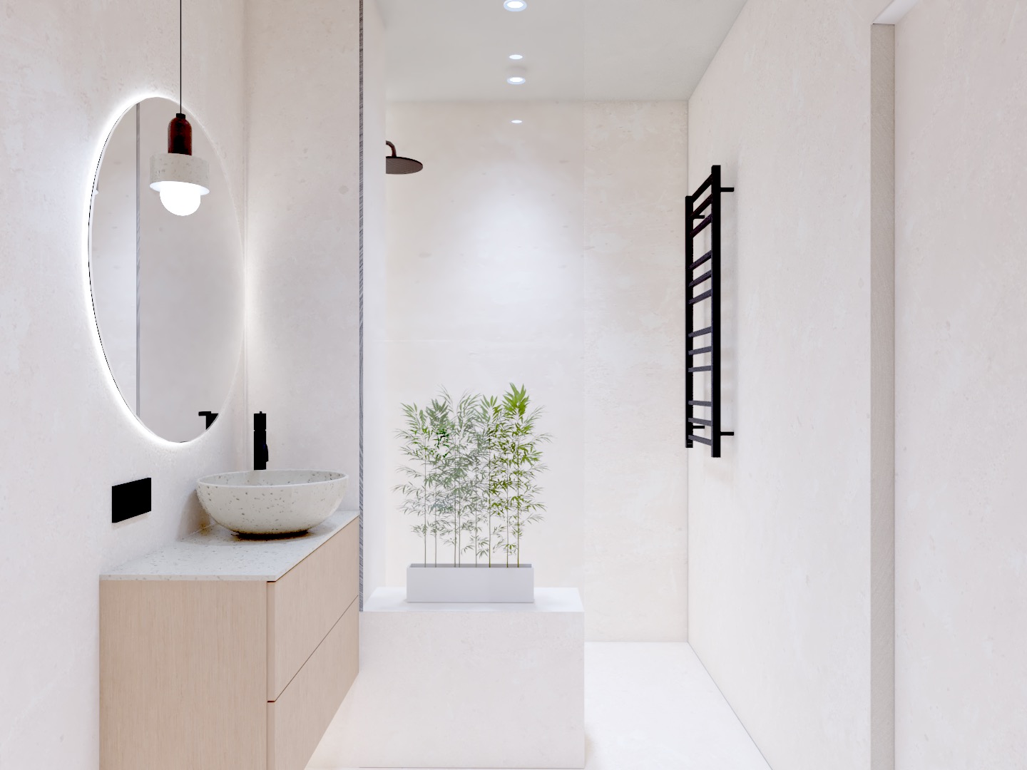 Minimalistyczna łazienka w bieli: okrągłe lustro z podświetleniem LED, kamienna umywalka na szafce z jasnego drewna i czarny grzejnik drabinkowy.